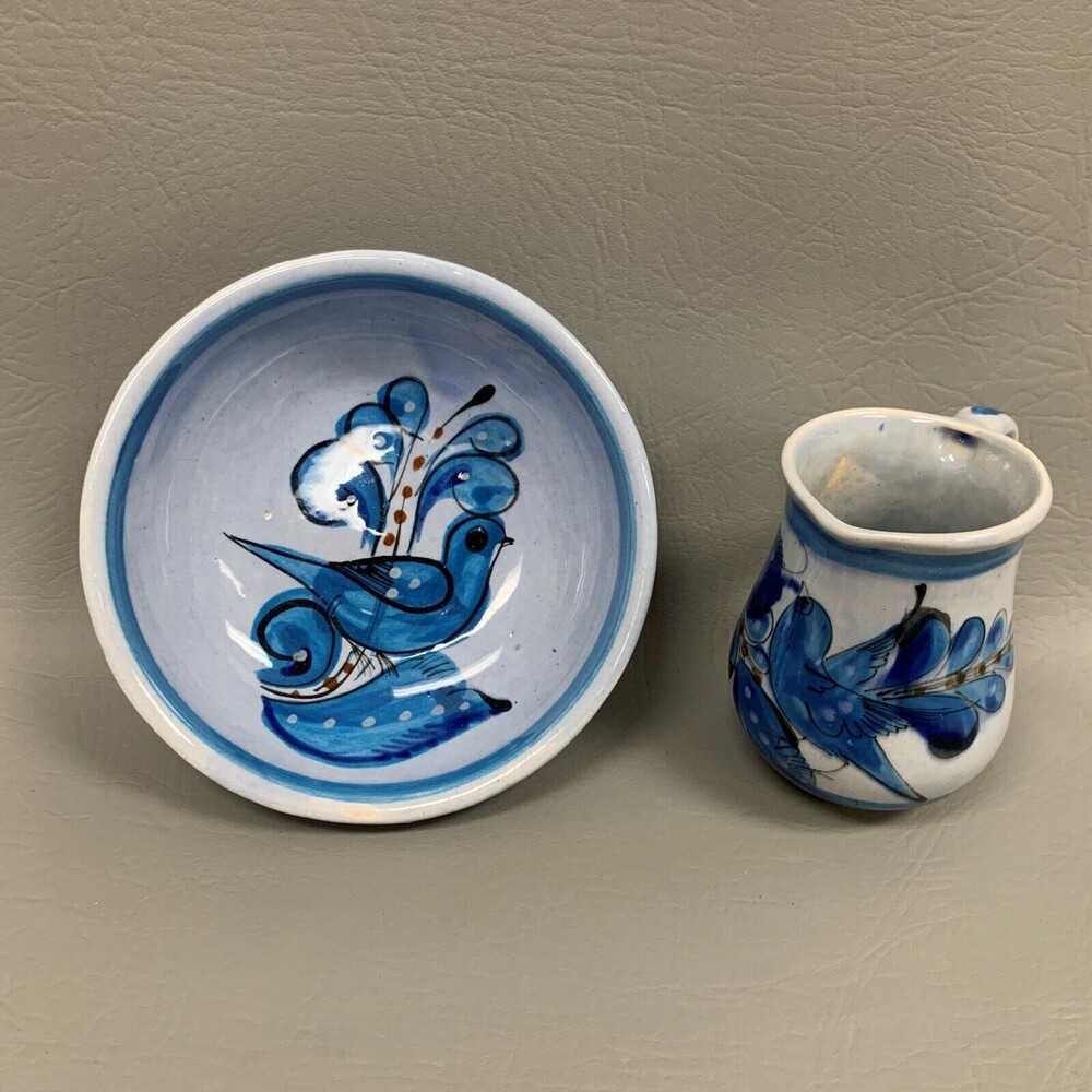 Bowl Creamer with Blue Birds Mexico Dishes Lot of 2